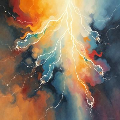 The primary subject of the image is a painting of a lightning bolt. The setting is a colorful background, and the visual style is a painting. The dominant colors in the painting are orange, blue, and red, creating a vibrant and energetic atmosphere.